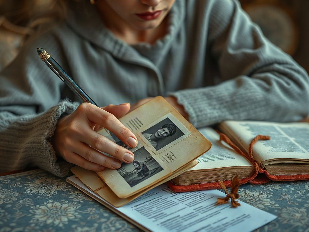 Женщина с ручкой изучает книгу и старую фотокарточку, сидя за столом с цветочной скатертью.