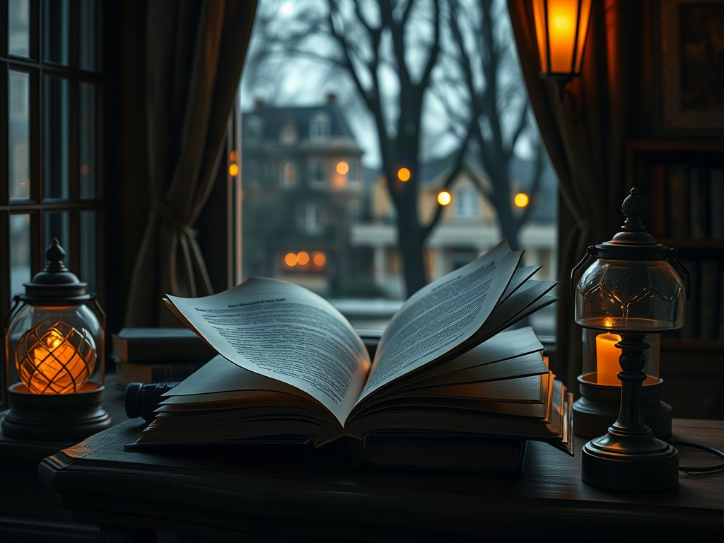 На окне открытая книга, уютные лампы и вечерний город с огнями за стеклом.