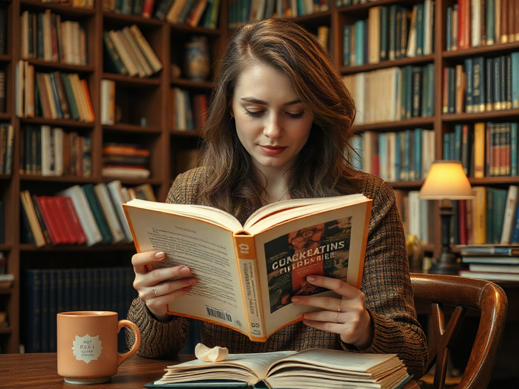 Девушка читает книгу в уютной библиотеке, рядом с чашкой кофе и полками с книгами.