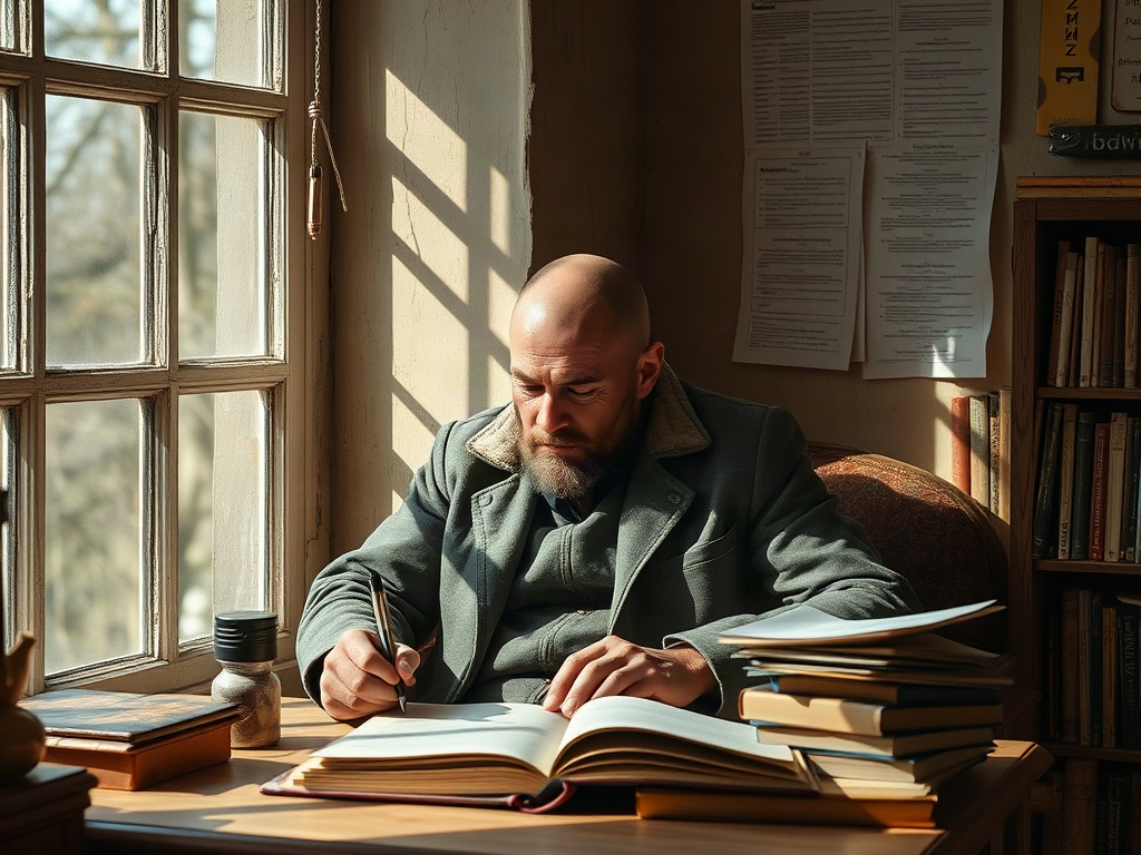 Мужчина с лысой головой и бородой пишет в заброшенной библиотеке, окружённый книгами и солнечным светом.