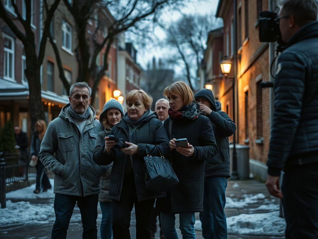 Группа людей на улице, смотрящих в сторону камеры в темное время суток. Снег на земле.